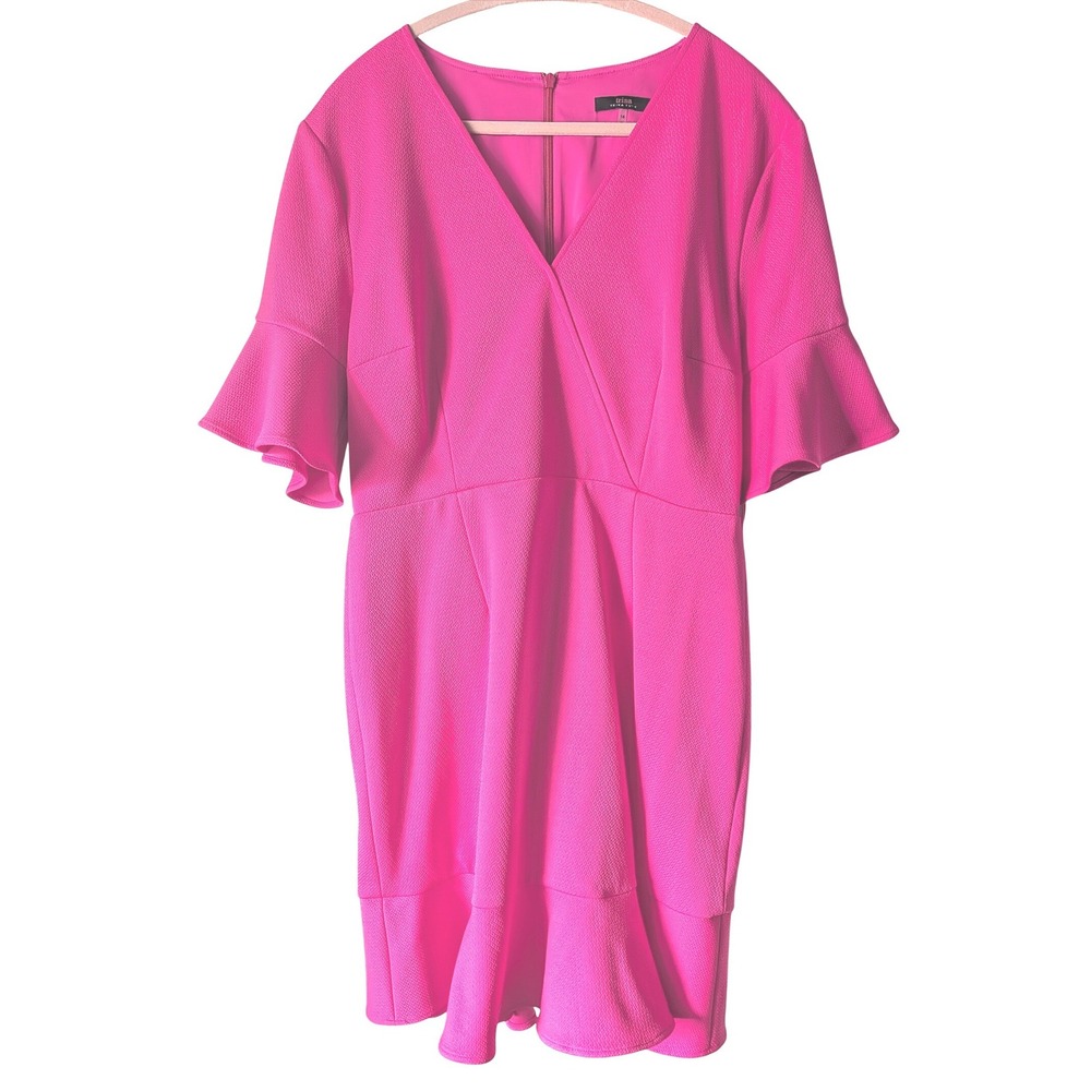 Trina Turk Dress Womens 14 Pink V-Neck Bell Sleeve Ruffle Hem Textured Sheath